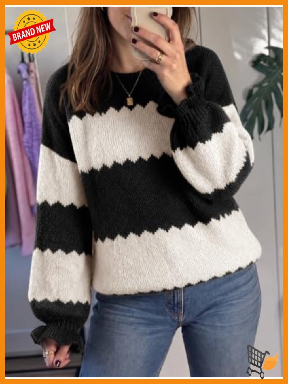 Striped Color Block Ruffle Sleeve Pullover Sweater - Picture 4 of 6